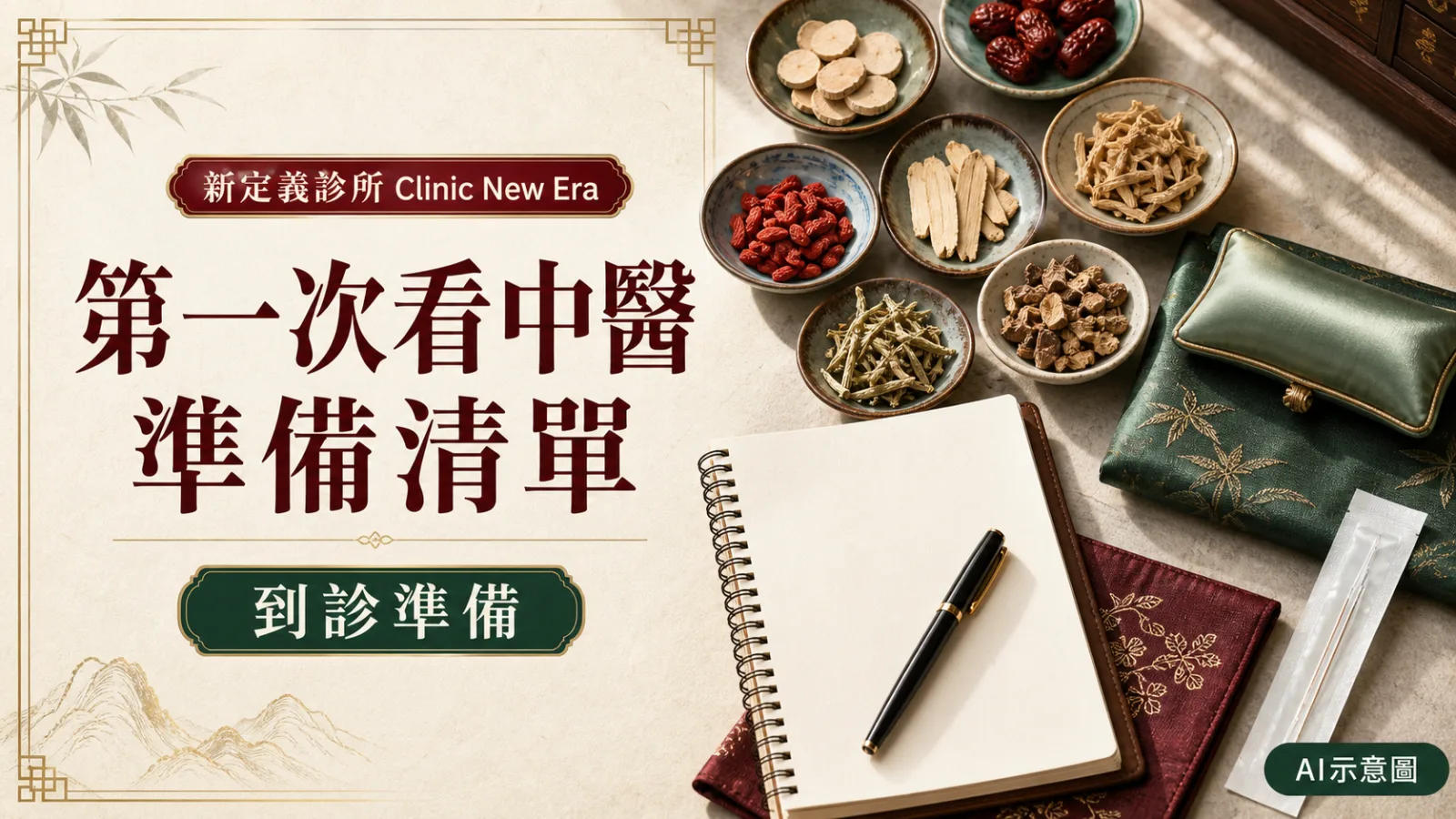第一次看中醫準備清單封面，配以中藥材、症狀記事簿及針灸用品